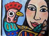 Girl and Cockerel (lino cut, hand coloured) - Edition of 100, price £80